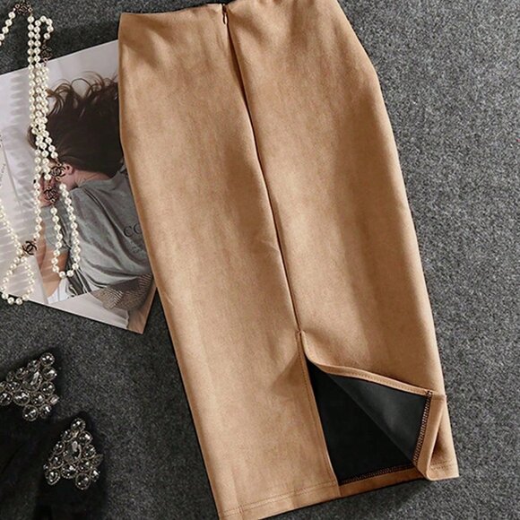 Khaki Casual Women's Faux Deerskin Velvet With Zipper Back Slit Skirt - Picture 6 of 7